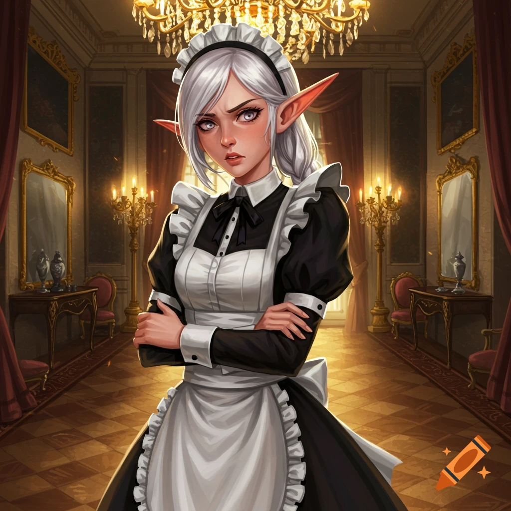Digital art illustration of an embarrassed, angry elf woman in a black and white maid outfit, standing with crossed arms in a luxurious mansion.