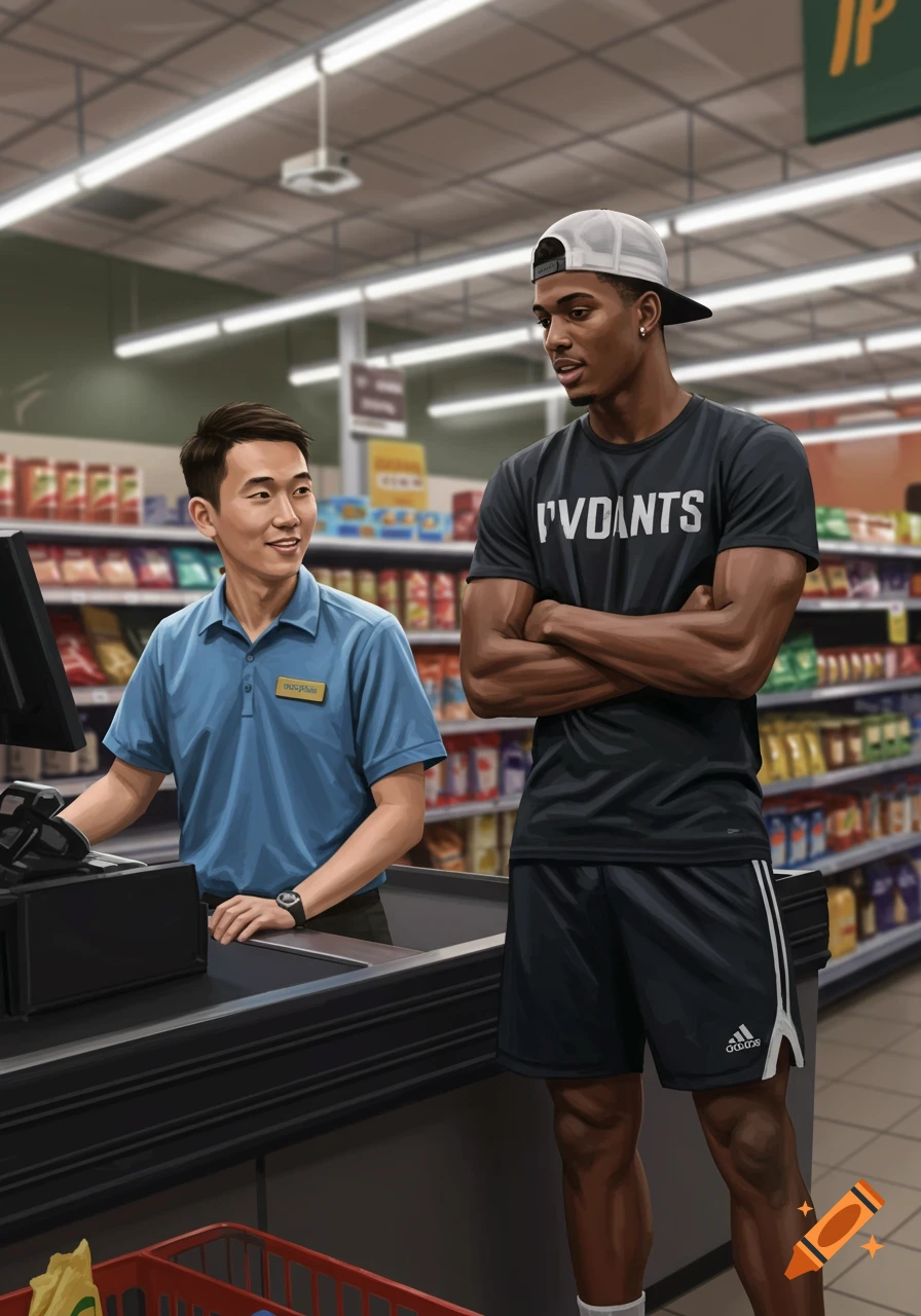 An illustration of an Asian cashier smiling at a muscular Black man in a cap and shorts at a supermarket checkout.