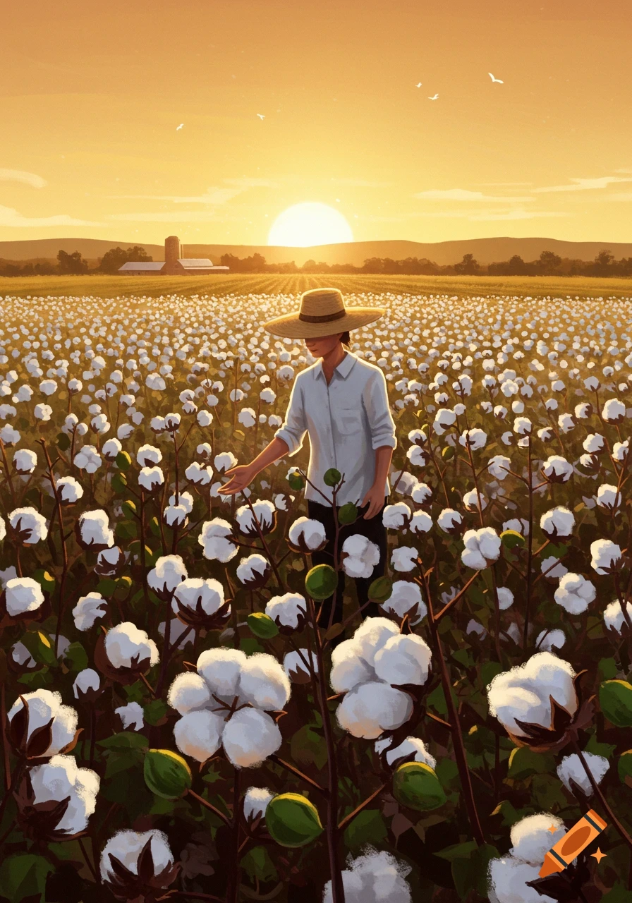 An illustrated person wearing a straw hat picking cotton in a field at sunset, with a farm building in the distance.