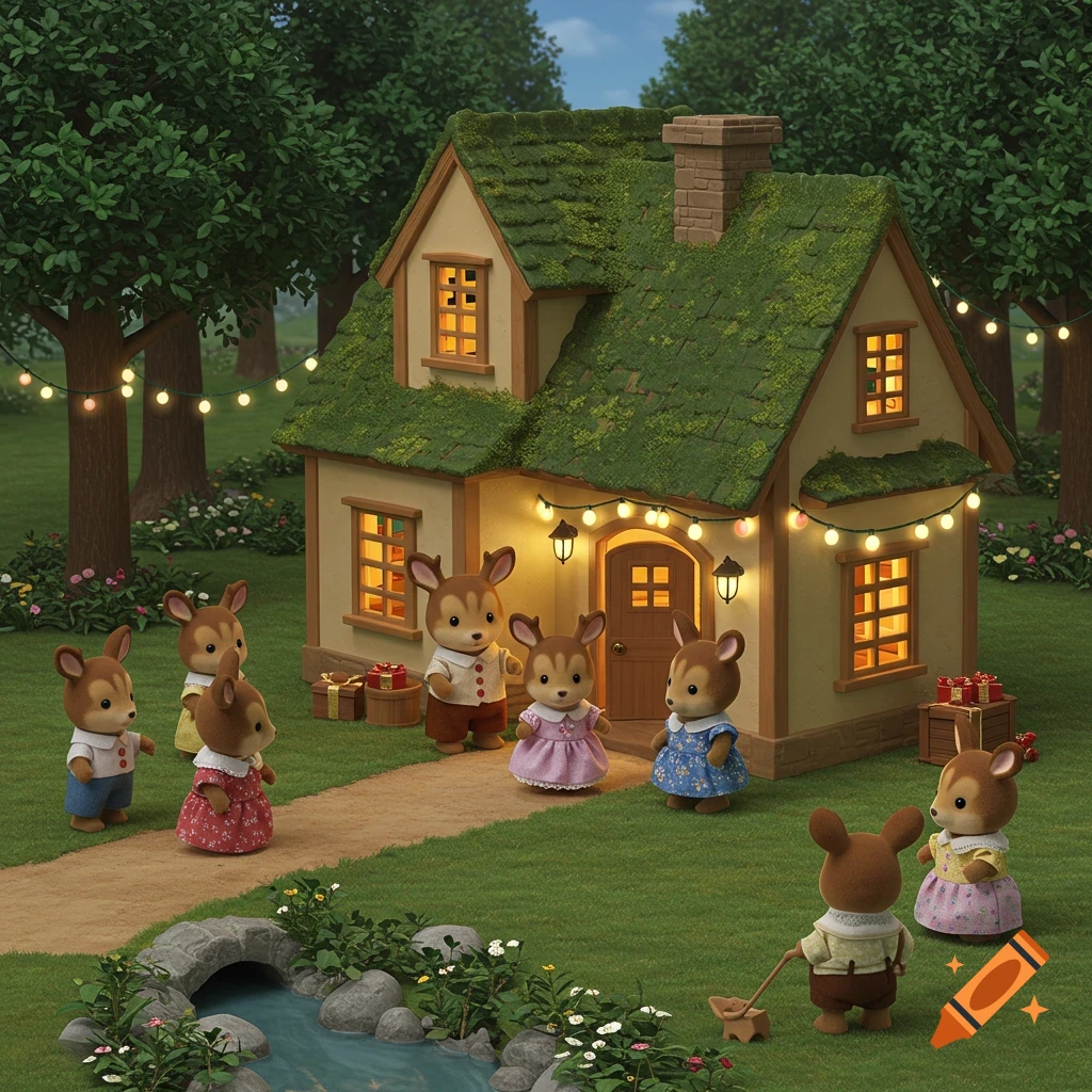 Several Sylvanian Families deer figurines gather around a cozy, moss-roofed cottage illuminated by string lights in a whimsical forest setting.