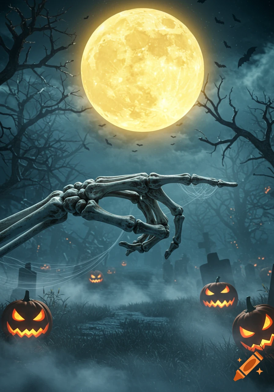 A skeleton hand points right in a spooky Halloween graveyard with glowing jack-o'-lanterns, a full moon, and bats.
