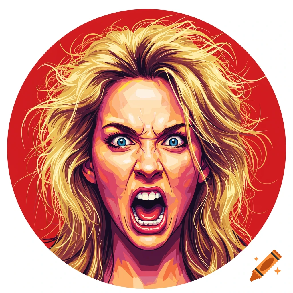 Pop art portrait of an angry blonde woman with messy hair, shouting, within a red circular frame.