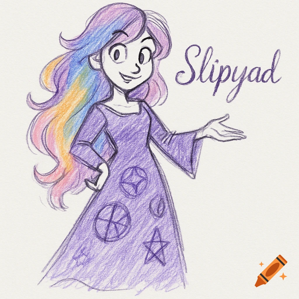 Colored pencil sketch of a smiling cartoon woman with rainbow hair in a purple dress, with geometric symbols and 'Slipyad' text.