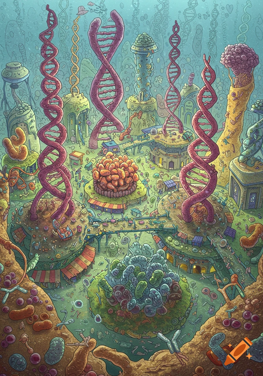 A vibrant, detailed illustration of a fantastical city built from biological elements like DNA strands, cells, and microorganisms.