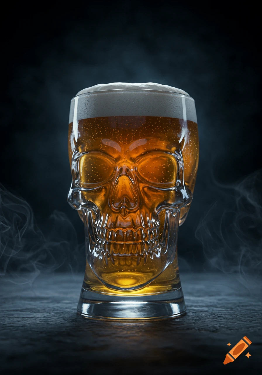 A photorealistic image of a skull-shaped glass filled with foamy beer, set against a dark background with wisps of smoke.