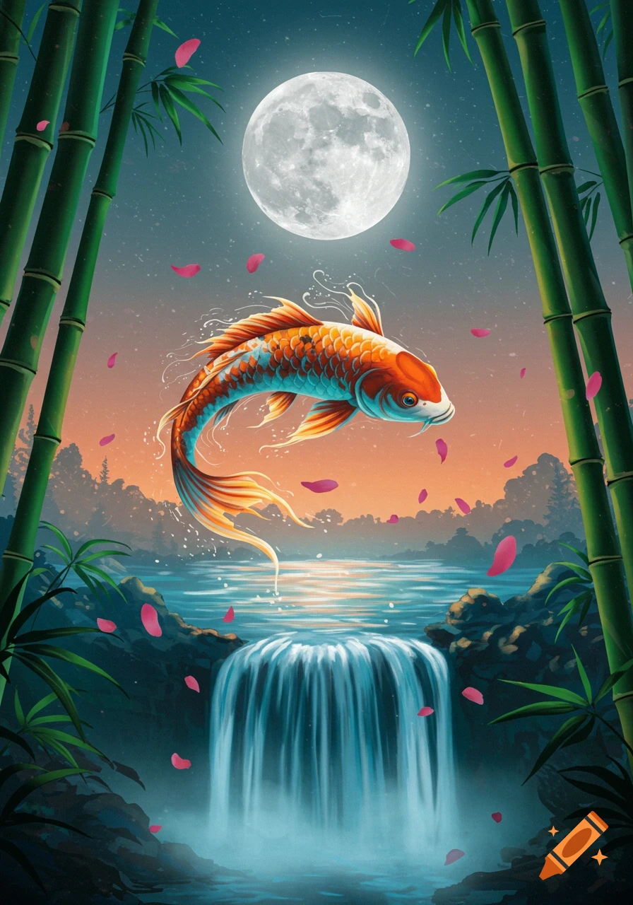 A vibrant koi fish leaps over a waterfall under a full moon, framed by bamboo stalks.