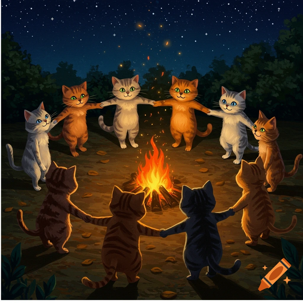 Eight cartoon cats hold hands in a circle around a warm campfire in a forest at night, under a starry sky.