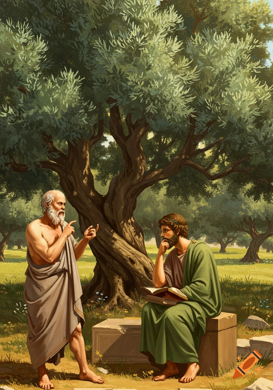 Socrates gestures while discussing with Plato, who sits holding a book under a large olive tree in a sunlit grove, in a painterly style.