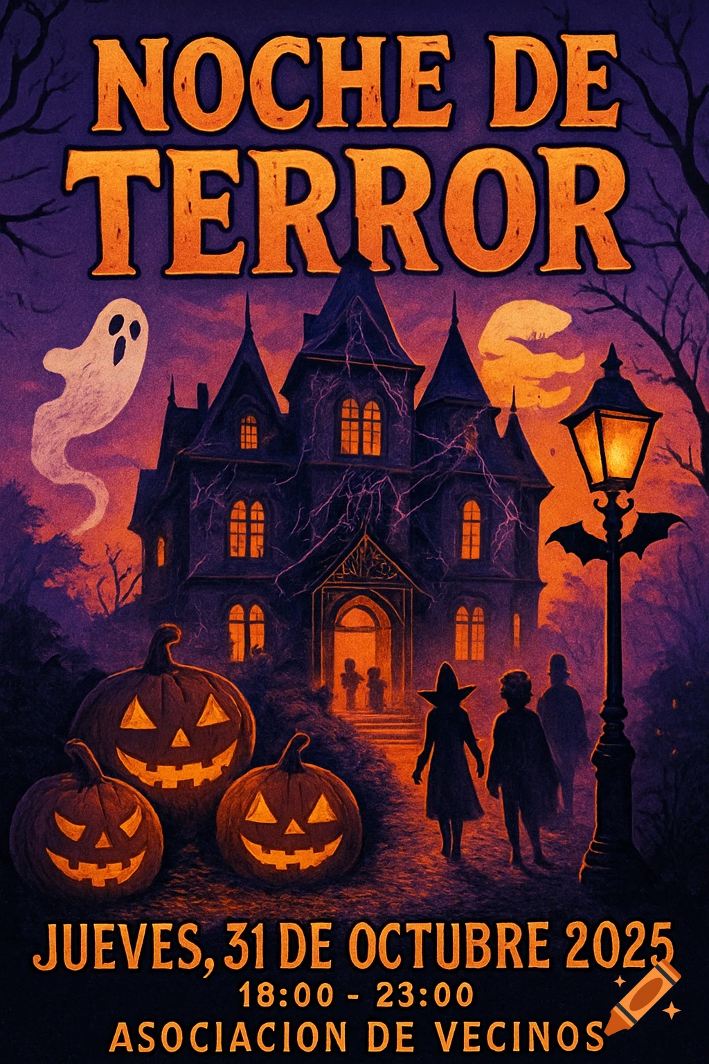 A Halloween poster with a haunted house, a ghost, jack-o'-lanterns, and silhouetted figures under an orange moon, with text 'Noche de Terror'.