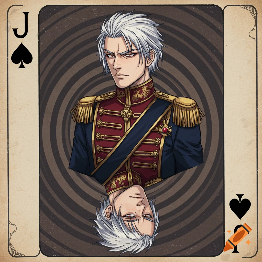 An anime-style Jack of Spades playing card featuring a white-haired man in a red and blue military uniform.