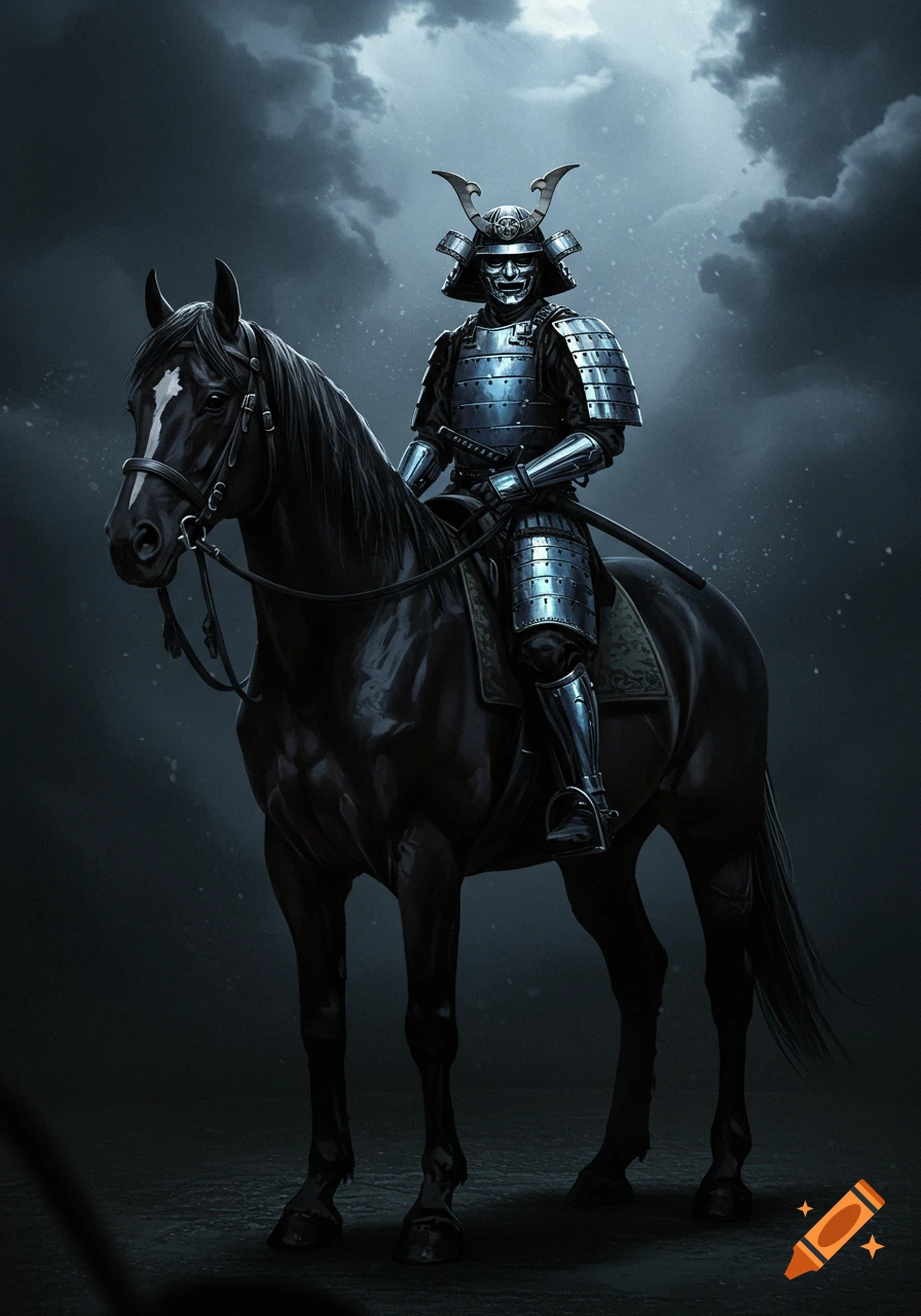 A samurai warrior in dark, metallic armor rides a black horse under a dramatic, cloudy sky.