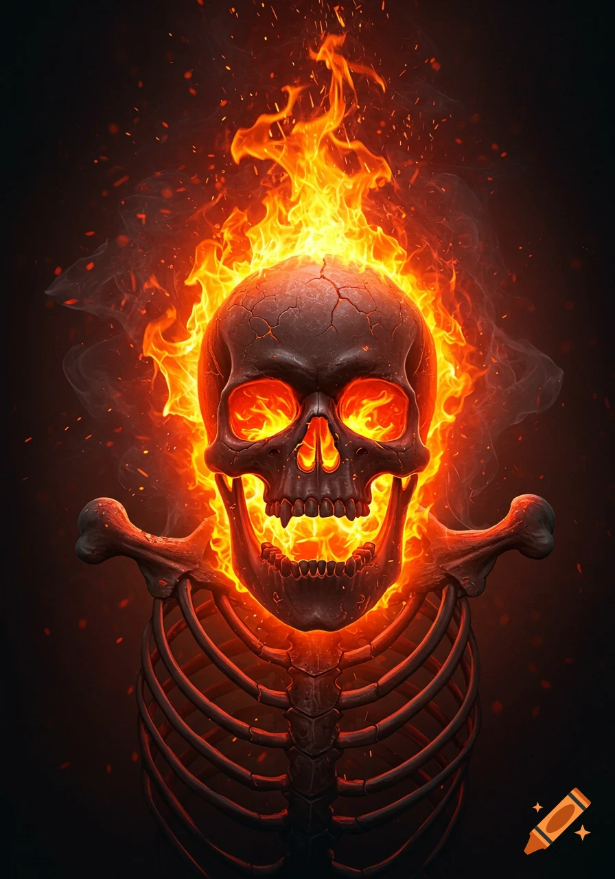 A stylized, dark image of a flaming skull atop a rib cage, glowing intensely against a black background.