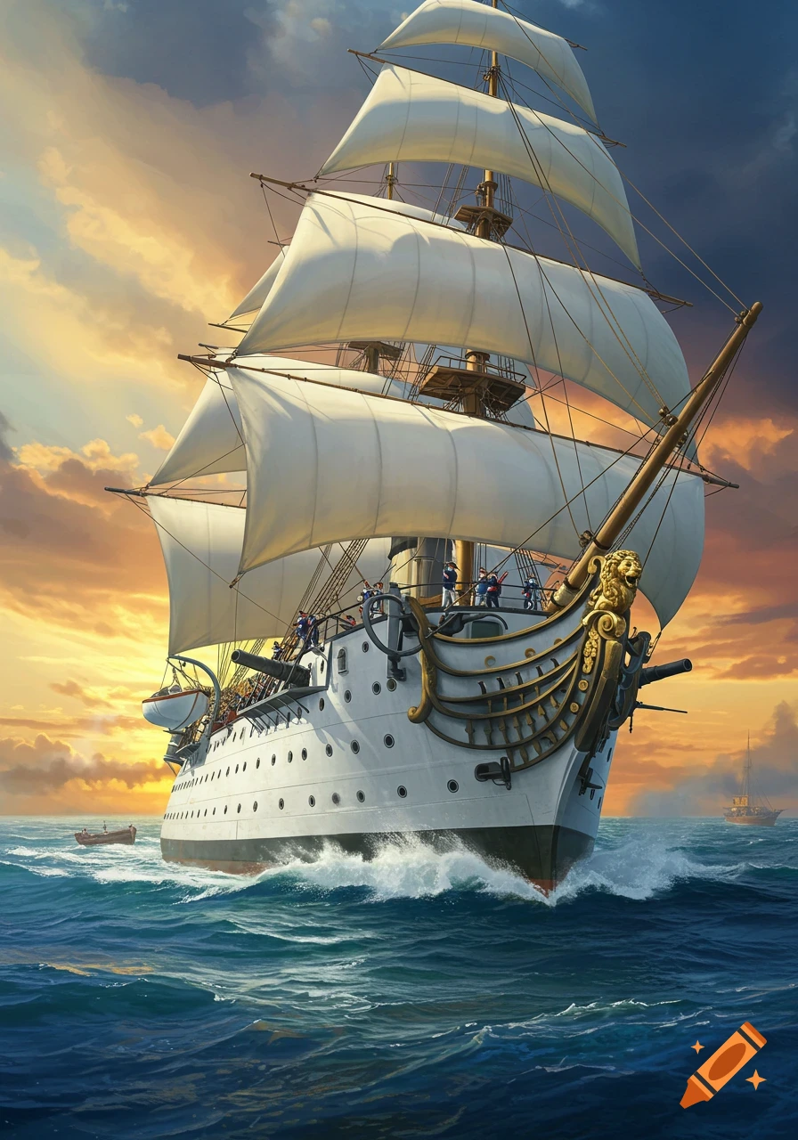 A large white sailing warship with multiple sails cuts through choppy blue waters under a dramatic sunset sky.