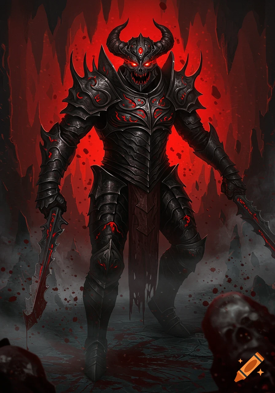 Demonic warrior in black spiked armor with glowing red eyes, holding two bloody blades, stands in a blood-splattered cavern.