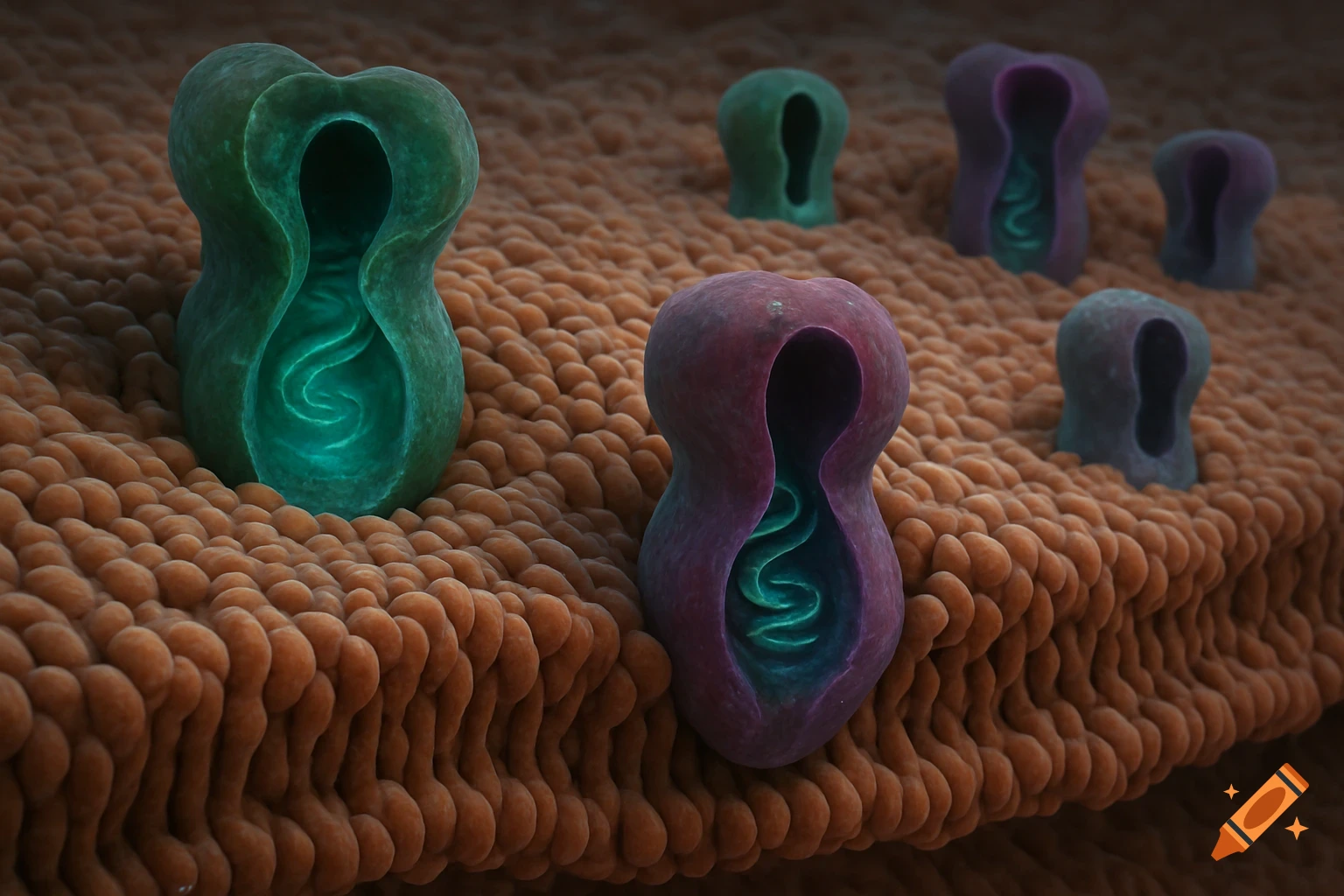 Green and purple protein-like structures embedded in a textured brown biological membrane surface.