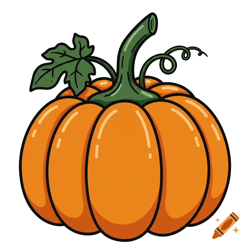 A colorful cartoon pumpkin with a green stem, a leaf, and a tendril on a white background.
