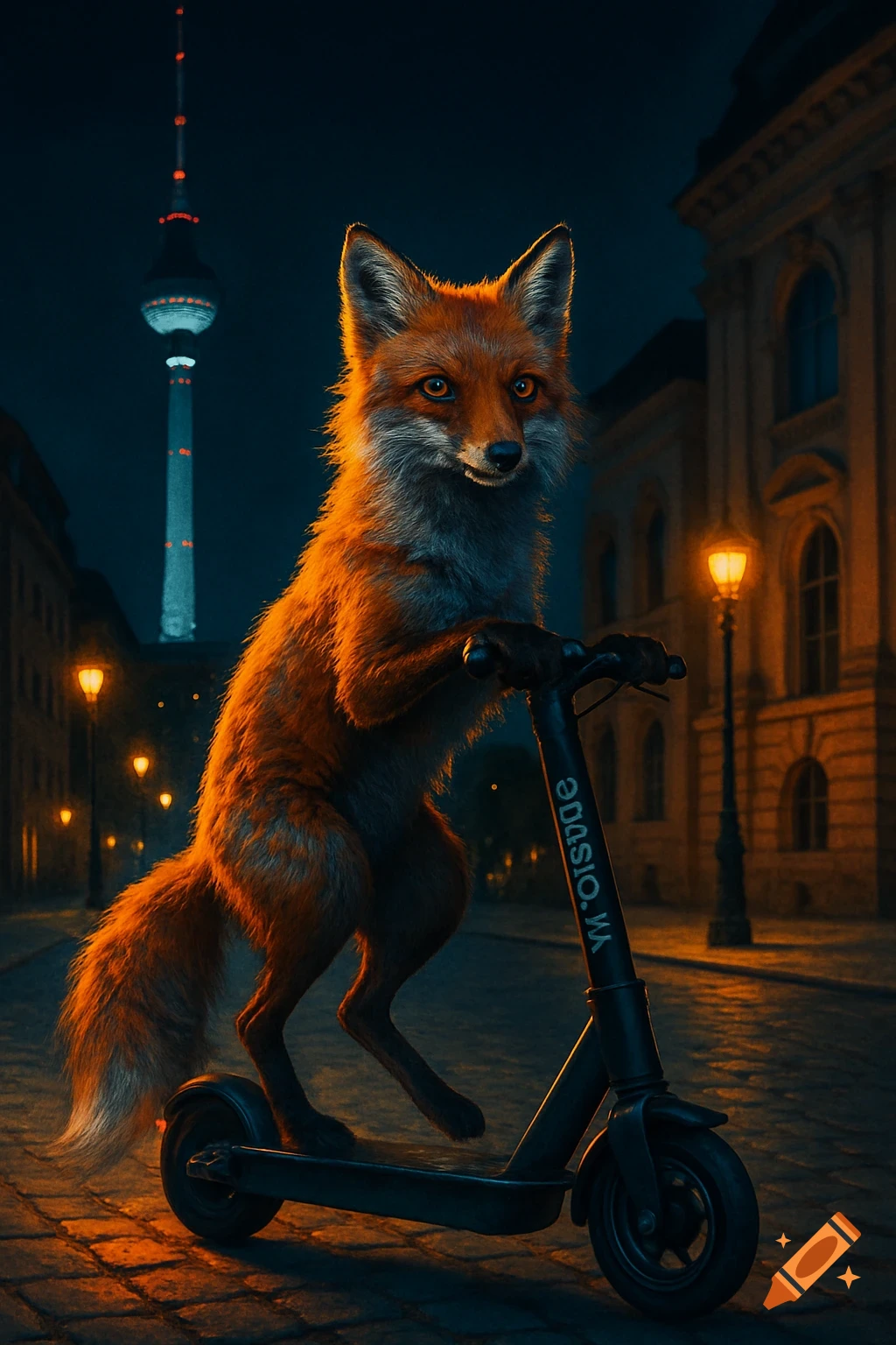 A photorealistic fox stands on an e-scooter at night in a city, with the Berlin TV Tower in the background.