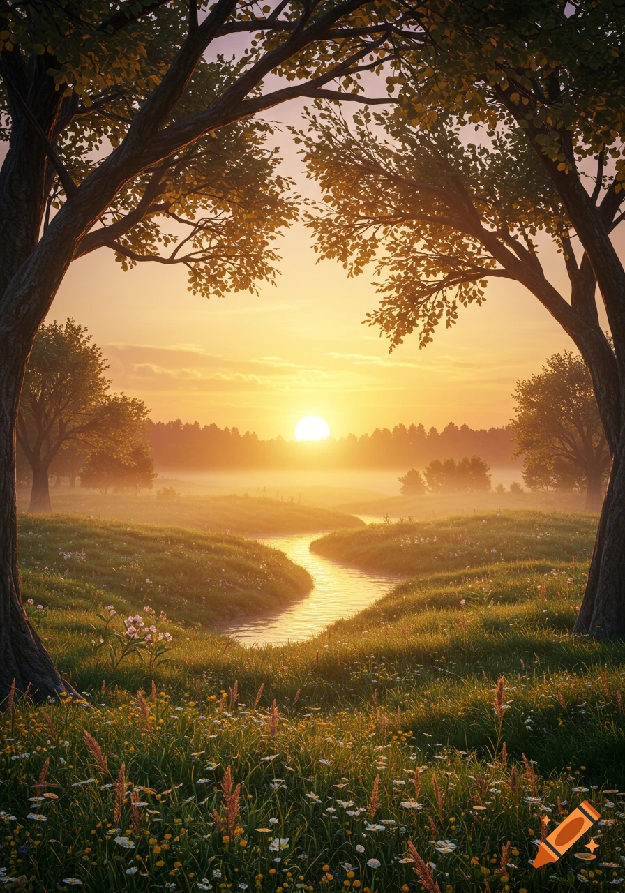 A winding river flows through a lush green meadow framed by trees ...