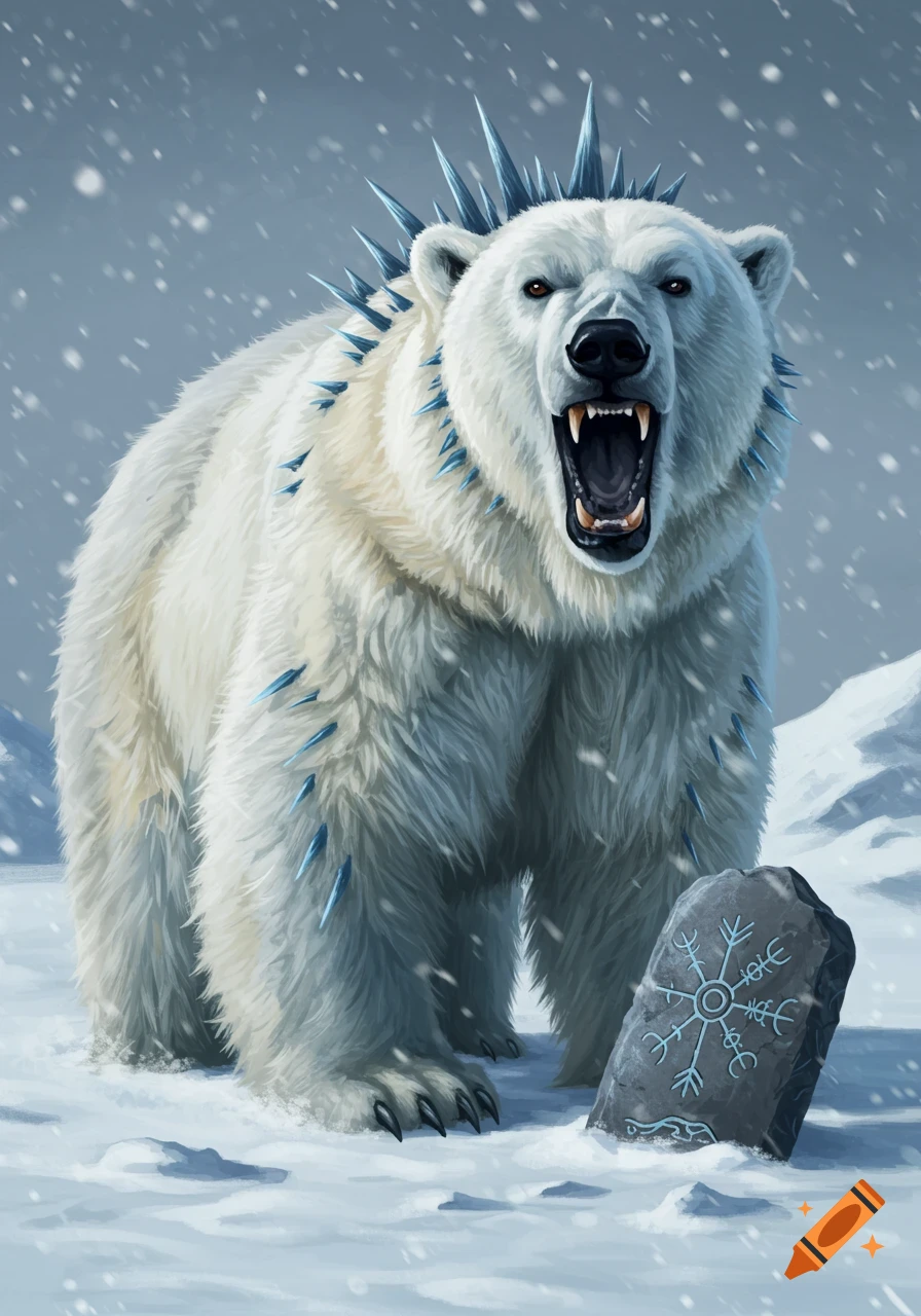 Snarling polar bear with ice spikes standing in a snowy landscape next to a runic slate, digital art.