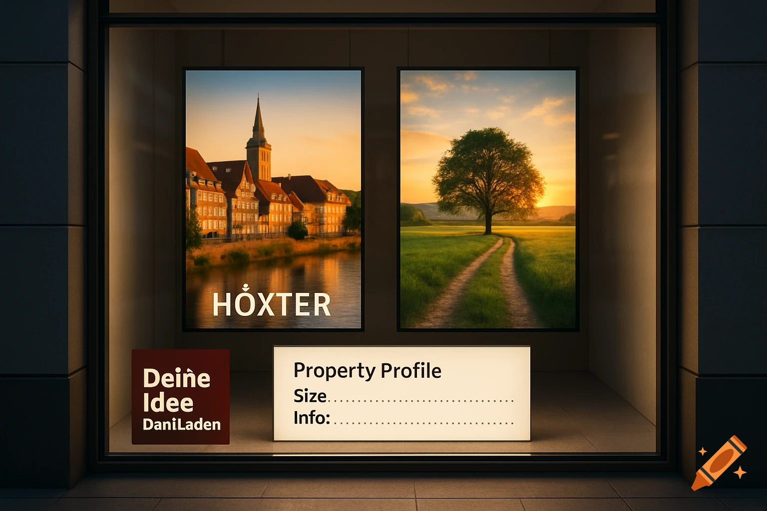 A warmly lit storefront display features two posters, one of a European city by a river and another of a tree in a field, both at sunset. A red sticker and white sign are below.