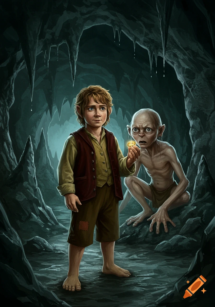 Illustration of Bilbo Baggins holding a glowing ring with Gollum crouching behind him in a dark cave.