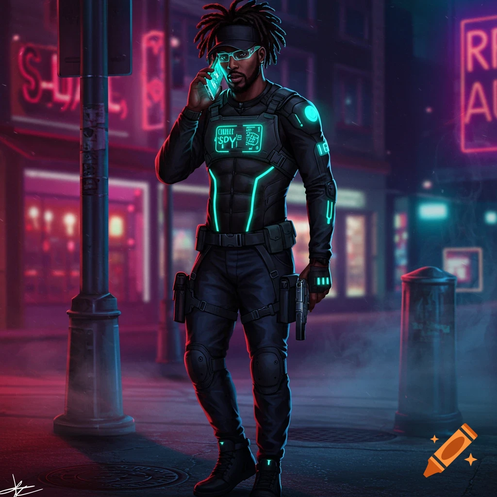 A Black man with dreadlocks, wearing futuristic black spy gear with glowing cyan accents, talks on a matching glowing phone in a neon-lit city street at night. He has two guns holstered on his thighs.