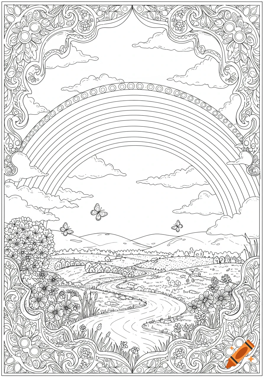 Black and white line art coloring page. A rainbow arches over a winding river, hills, flowers, and butterflies, framed by ornate floral patterns.