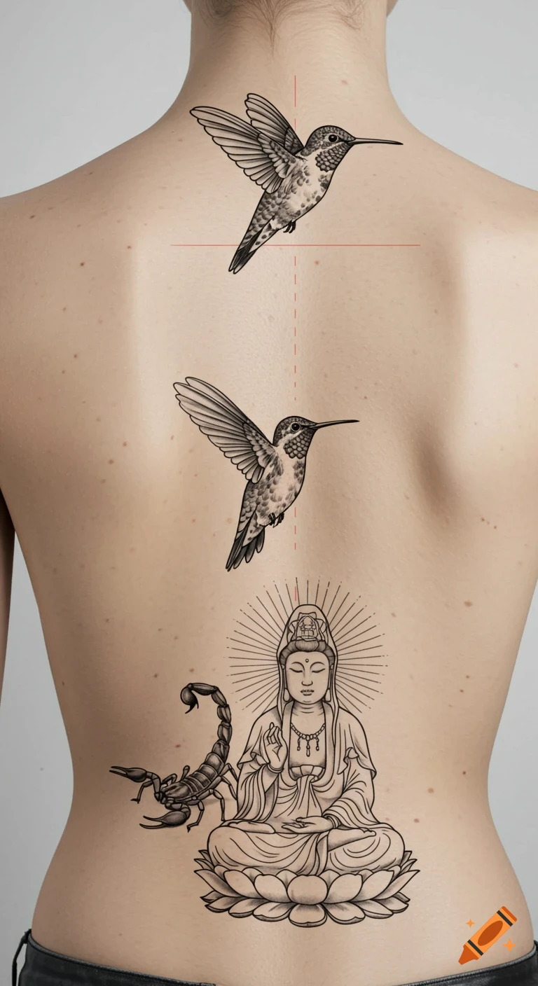 Bare back with black and grey fine-line tattoos: a serene Guanyin, a scorpion, and two hummingbirds flying upwards.