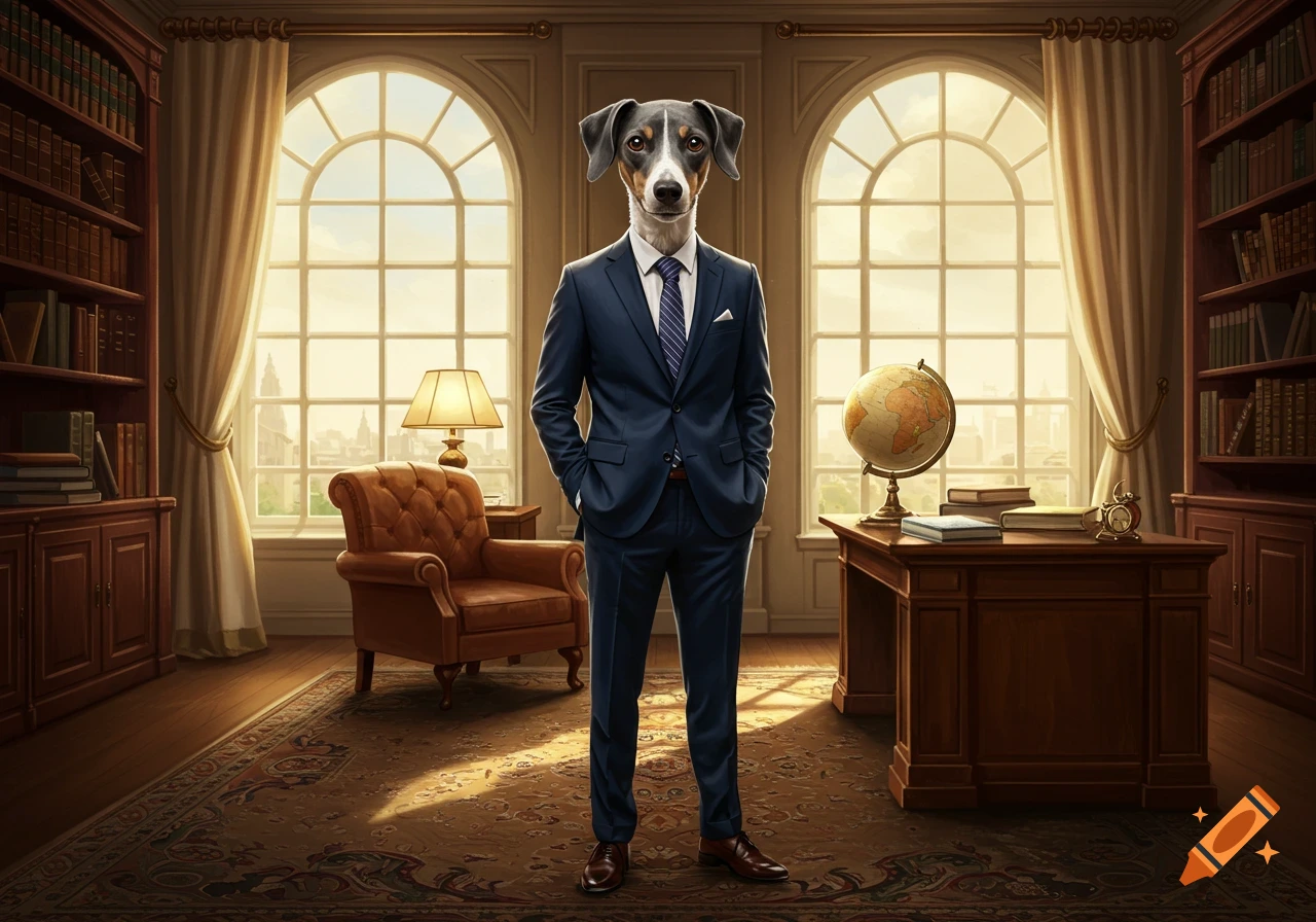 An anthropomorphic dog in a blue suit stands in a grand study with large arched windows, bookshelves, and a desk.