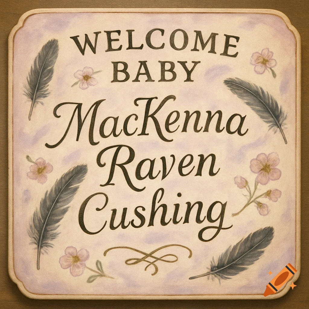 A decorative sign with "WELCOME BABY MacKenna Raven Cushing" in a calligraphic style, surrounded by feathers and pink flowers.