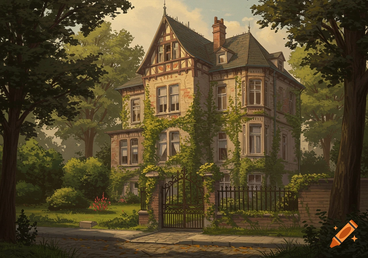 Painterly illustration of a neglected Art Nouveau villa covered in ivy, with an overgrown garden and trees along a street.