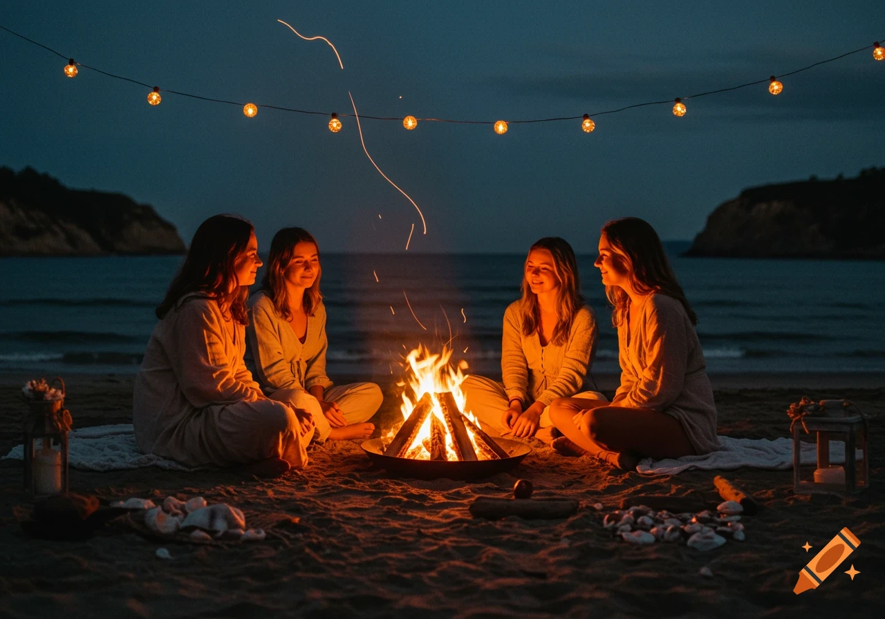 Four women sit around a glowing campfire on a beach at night, with string lights overhead and the ocean in the background.