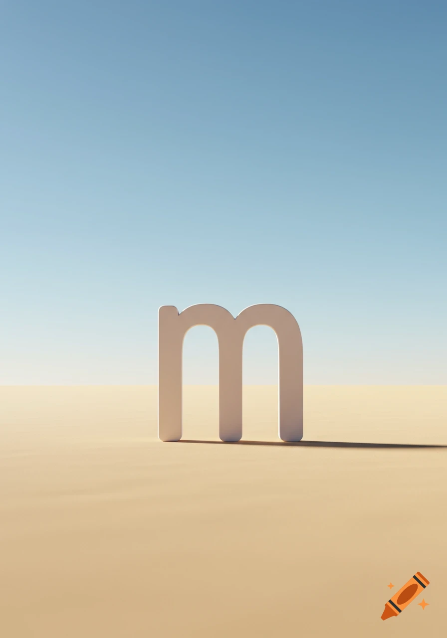 A white lowercase letter 'm' stands on a flat, light brown sandy ground under a clear blue sky in a minimalist rendering.