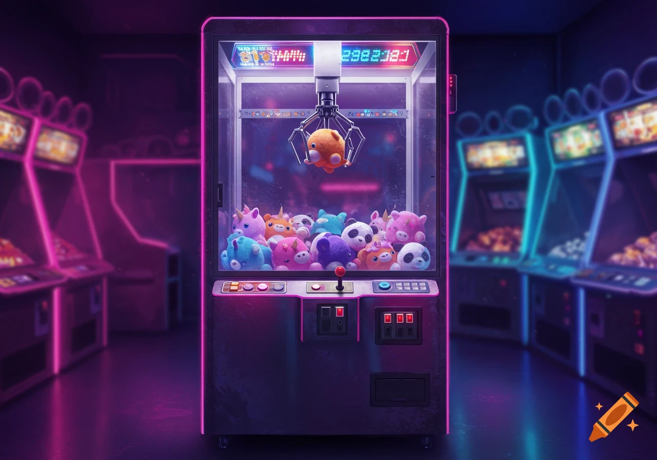 A neon-lit arcade with a crane machine full of colorful plush toys, one being held by the claw.