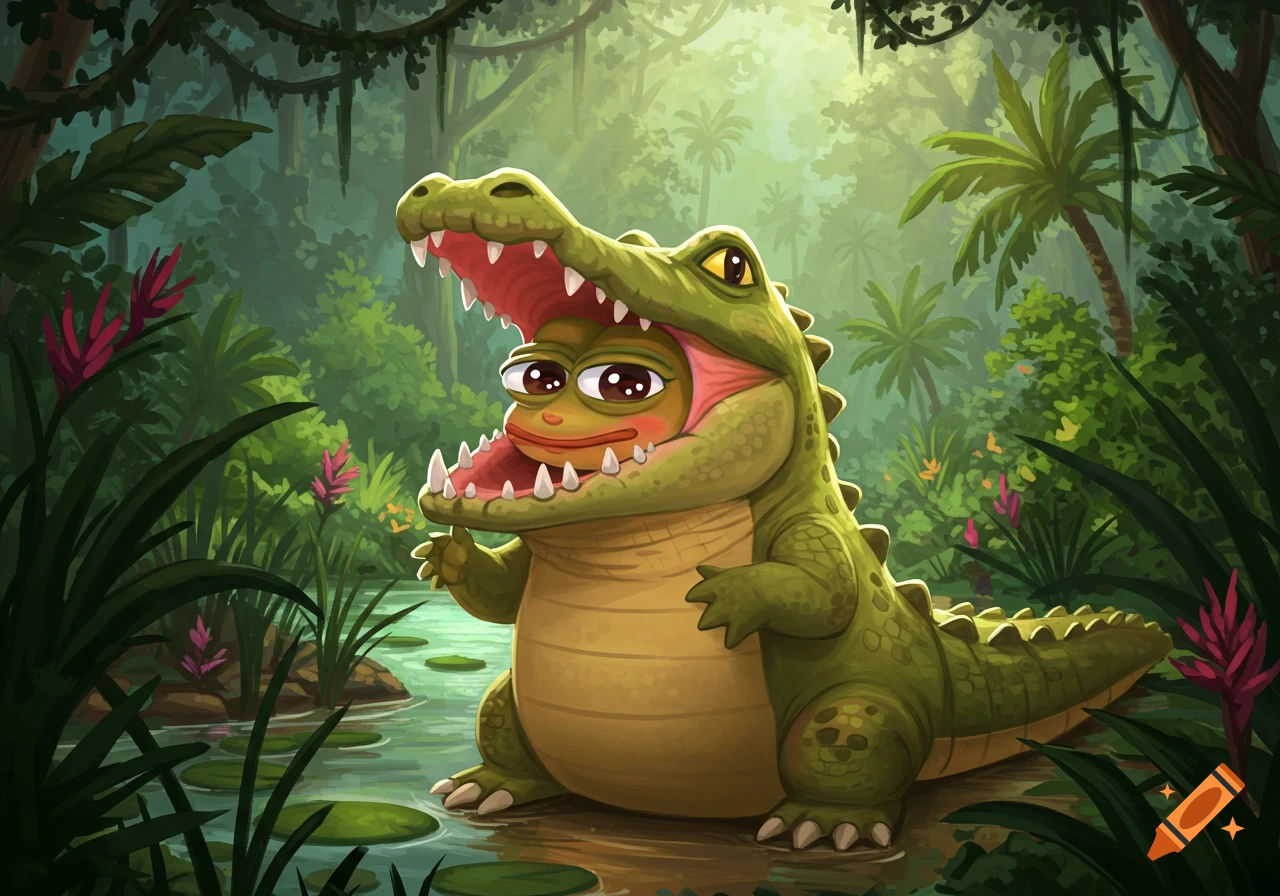 A cartoon alligator with its mouth open, revealing Pepe the frog's face inside, in a lush green jungle.