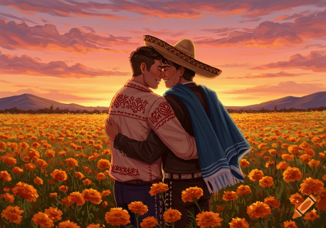 Two men in Mexican attire embrace in a vibrant marigold field at sunset, illustrated.
