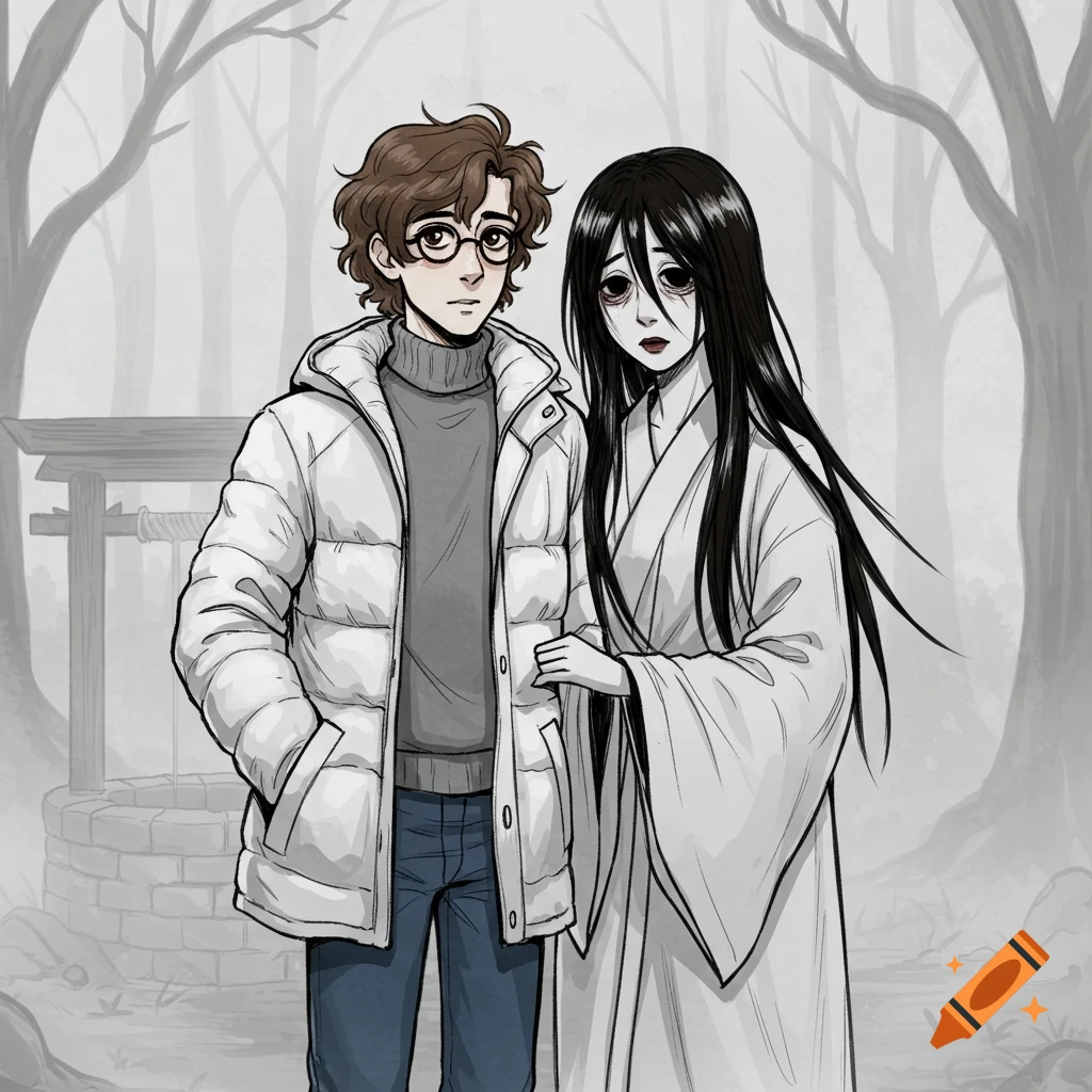 Anime sketch of a young man in a white puffer coat and a ghost woman in a white kimono next to a well in a foggy forest.
