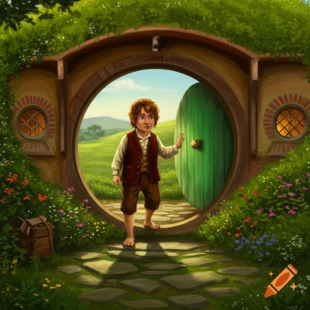 Illustrated scene of a hobbit-like character standing at a round green door of a hobbit hole, looking into a sunny, green landscape.