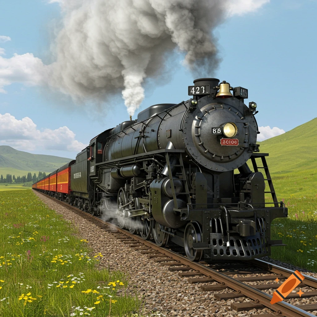 A large black steam locomotive with red passenger cars travels on tracks through a vibrant green, flowery meadow under a blue sky.