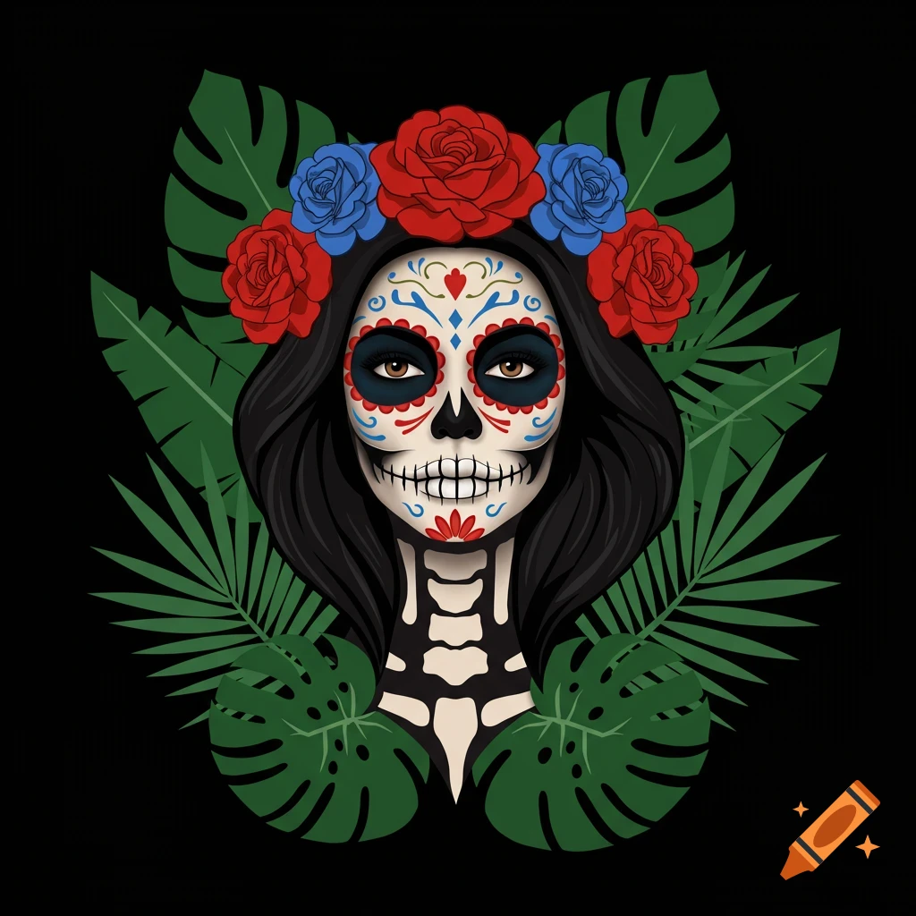 Stylized illustration of a sugar skull woman with long black hair, wearing a crown of red and blue roses, framed by green tropical leaves on a black background.