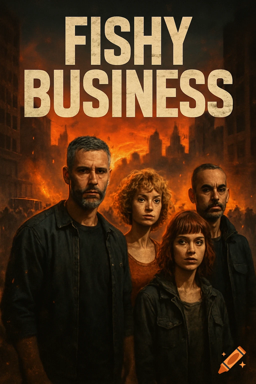 A movie poster for 'FISHY BUSINESS' showing four serious individuals standing before a burning city.