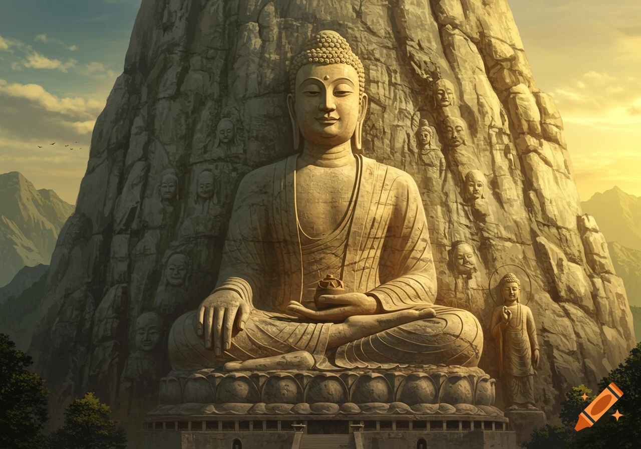 A colossal stone Buddha statue sitting serenely at the base of a mountain carved with many smaller Buddha faces, under a golden sky.