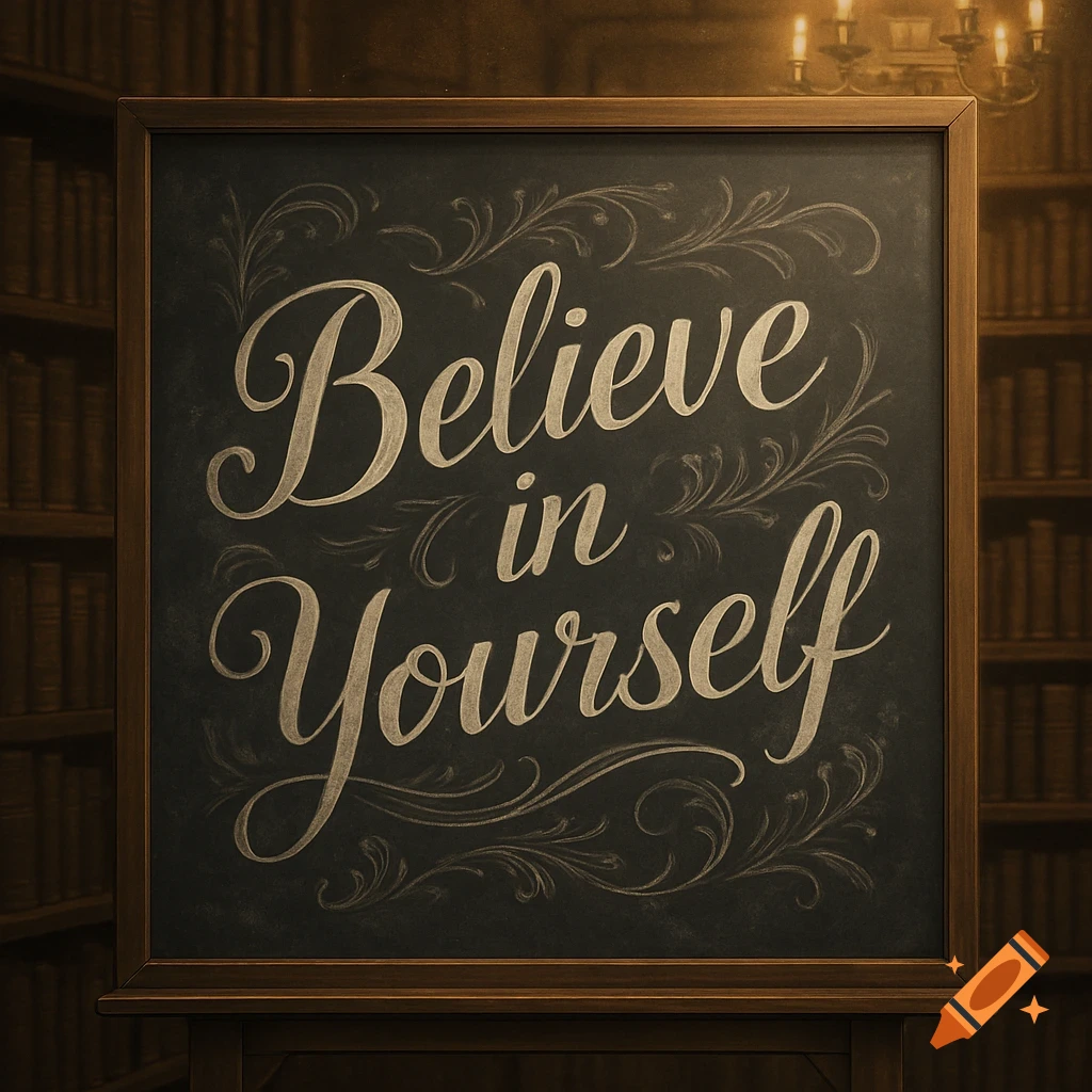 A dark chalk board in a library displays the handwritten phrase 'Believe in Yourself' in elegant script, with decorative flourishes.