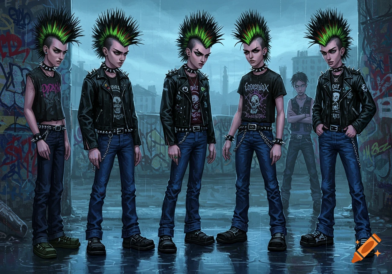 Digital art featuring a line of stylized punk-goth individuals with green and black mohawks, leather jackets, studded accessories, and dark clothing standing in a rainy, urban setting with graffiti.