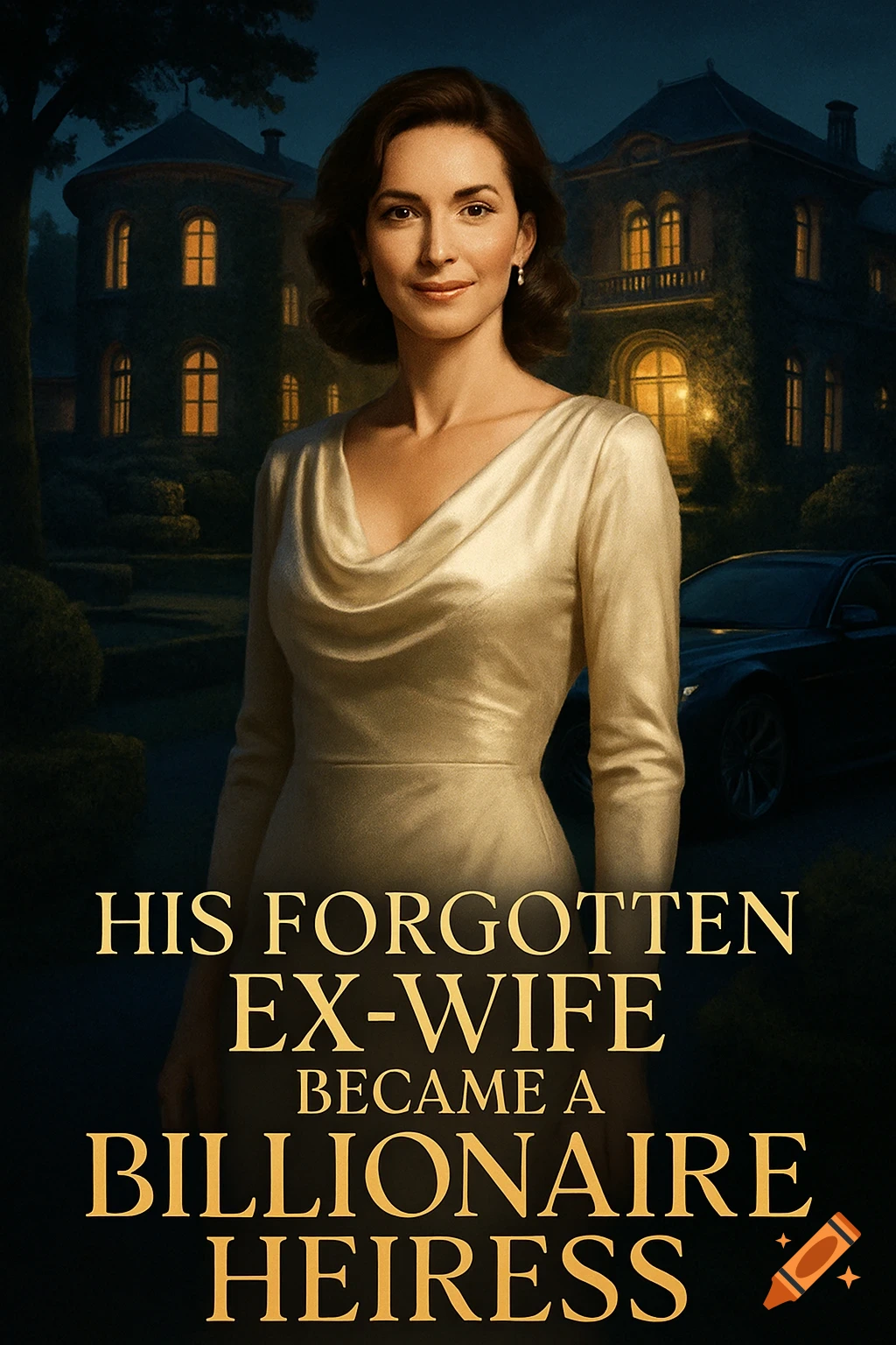 A woman in a cream dress stands before a mansion at night, with the book title 'His Forgotten Ex-Wife Became a Billionaire Heiress' overlaid.