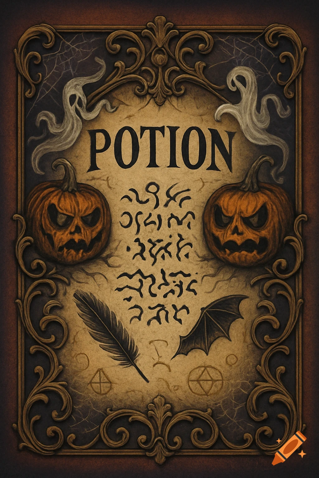 An ornate Halloween-themed potion label featuring two jack-o'-lanterns, wispy ghosts, a feather, a bat wing, and the word 'POTION' above mystical symbols on a parchment background.