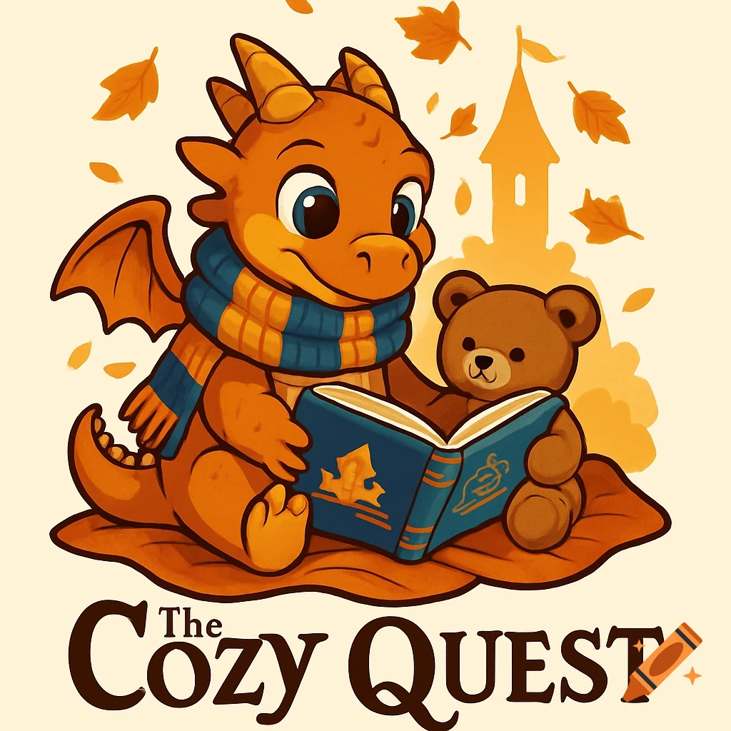 A whimsical illustration of an orange baby dragon wearing a striped scarf, reading a book with a teddy bear, under autumn leaves and a castle silhouette. Text: The Cozy Quest.