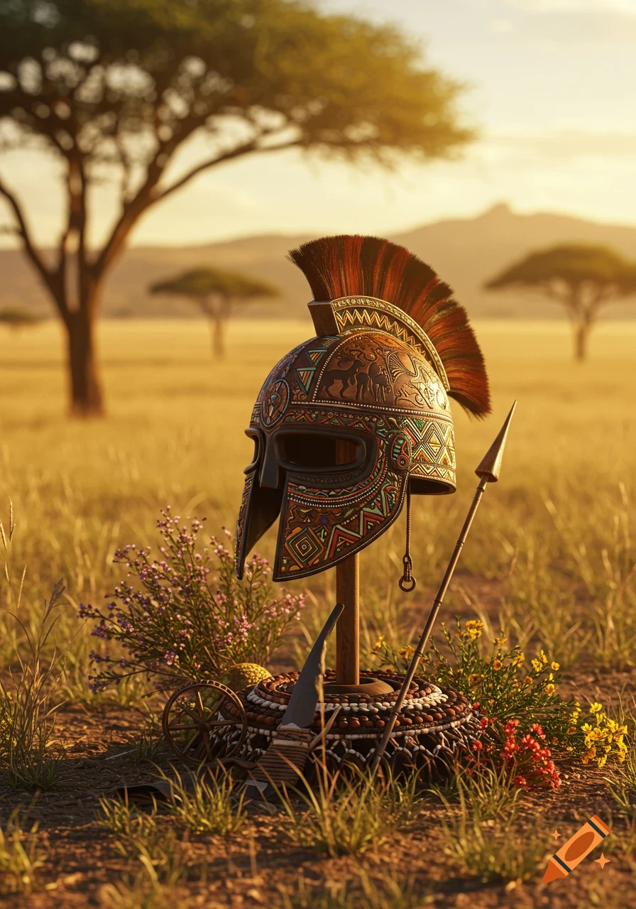 An elaborately decorated, African-inspired helmet and a spear stand in a golden savanna landscape at sunset.