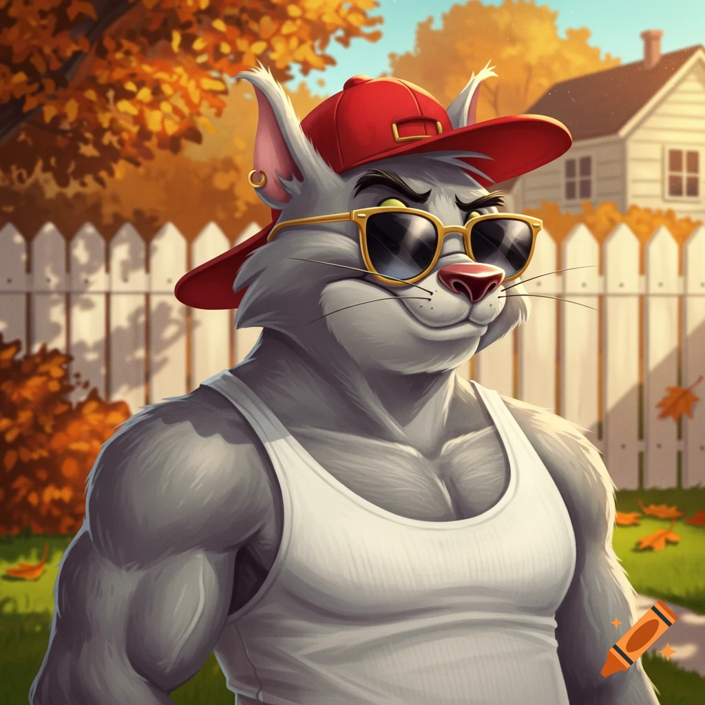 Muscular grey anthropomorphic cat in white tank top, red backwards cap, and sunglasses in a sunny autumn backyard.