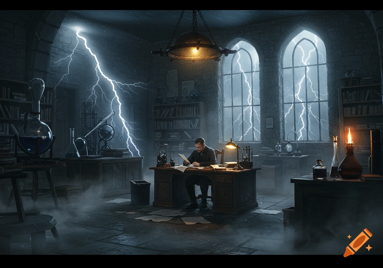 A man reads at a desk in a gothic laboratory chamber during a stormy night, with lightning flashing through windows and inside.
